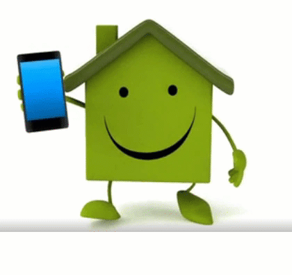 happy house with cellphone